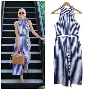 J.Crew Womens Striped Halter Jumpsuit Sz 6 Blue & White Wide Leg Cropped Preppy